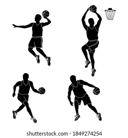 Set of basketball players throwing ball isolated on white background vector illustration