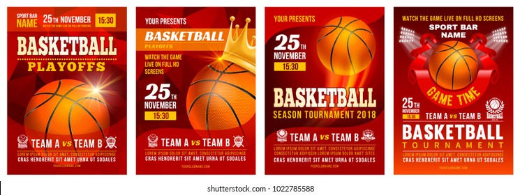 Set of basketball posters with basketball ball. Basketball Playoff advertising. Sport event announcement. Place your text and emblems of participants. Vector illustration. 