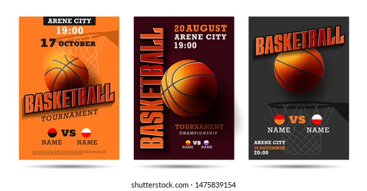 Set of basketball posters with basketball ball. Basketball Playoff advertising. Sport event announcement.