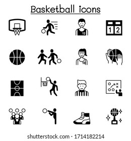 Set of Basketball related vector icons. contains such Icons as ball, player, refree, basketball court, shoes, scoreboard, trophy, hoop and more.