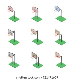 Set of basketball shields with a basket of different shapes and constructions. Element for the design of playgrounds and sports objects. Flat 3d isometric style, vector illustration.