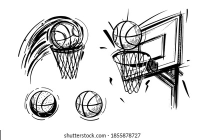 Set of basketball sketch. Basketball emblem, ball, basket, sketch vector illustration