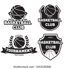 Set of basketball sport emblems. Design element for poster, logo, label, emblem, sign, t shirt, basketball team. Vector illustration