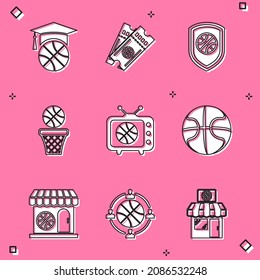 Setzen Sie Basketballtraining, Spielticket, Schild den Basketball, und spielen Sie auf TV, Sportshop und Planungsstrategie Symbol. Vektorgrafik