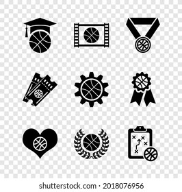 Set Basketball training, game video, medal, Heart with basketball, Award, Planning strategy, ticket and concept icon. Vector