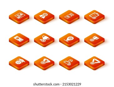 Set Basketball training, medal, game ticket, Award cup with basketball, player, Location,  and  icon. Vector