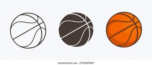 Conjunto de Vector de baloncesto. Vector del logotipo del baloncesto. Esquema, silueta y bola de Vector plana
