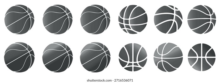 Conjunto de Vector de baloncesto. Vector del logotipo del baloncesto. Esquema, silueta y bola de Vector plana