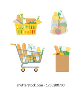 Set of baskets and bags isolated on a white background. Shopping trolley, plastic basket, paper and plastic bags with products. Fruits, vegetables, organic foods. Flat vector.