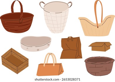 Set of Baskets, Box, Tote Bag. Rustic Storage Basket and Bag Collection. Cozy Containers Set in Farmhouse Style. Empty space for harvesting.Trendy illustration for  farmers market, harvest festival