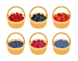 Set Of Baskets With Different Berries. Vector Cartoon Illustration Of Raspberry, Strawberry, Blueberry, Cherry, Bilberry And Blackberry.