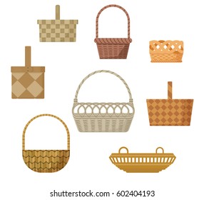 Set of baskets of different colors and different types of weaving. Vector flat illustration.