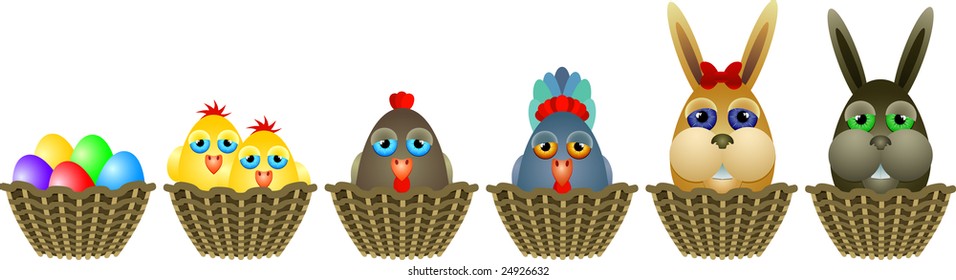 a set of baskets with Easter animals - cock, hen, chicken, bunny, eggs