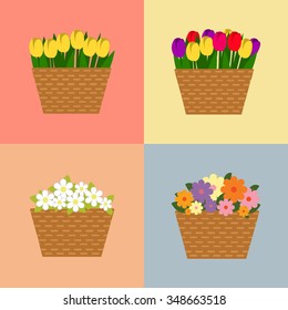 Set of baskets of flowers isolated over white. Wattled basket with beautiful flowers. Collection of spring and summer colorful flowers in beige basket. Vector collection 
