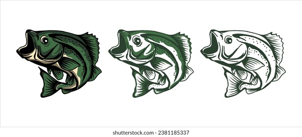 
conjunto de bajo salto de peces ilustración vectorial coloreado y arte de línea, elemento de diseño para logo, club, tienda de pesca