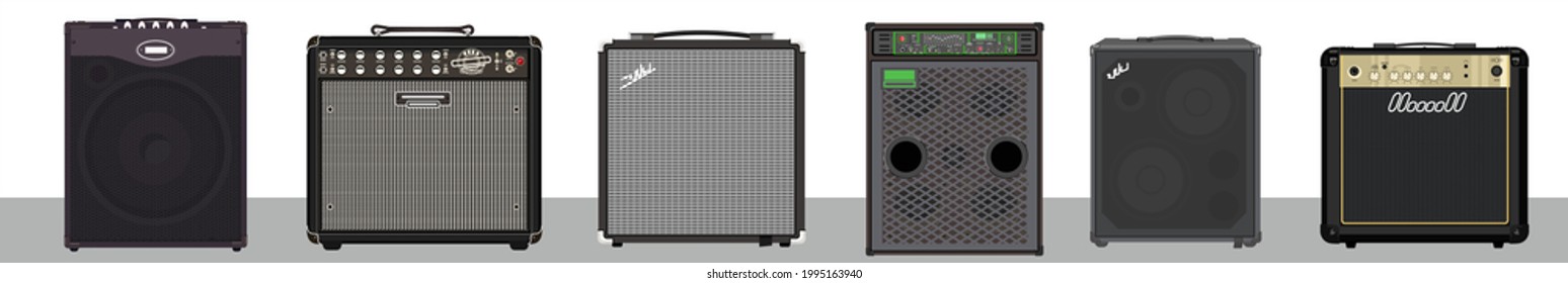 Set of bass and guitar amplifiers and speakers. Concert equipment. Material for rider of artist-musician. Rehearsal combo. Music studio theme. Guitar monitoring. Portable monaural speaker system. 