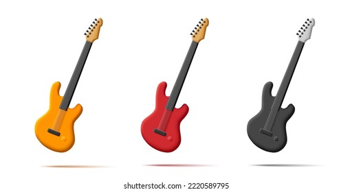 Set of Bass Guitar in three colors. Musical instrument 3d render cartoon style