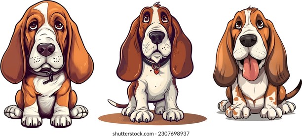 Set of basset hound dog, vector illustration.