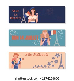 Set of Bastille Day banners with girls holding the flag of France. Eiffel Tower on the background. July 14, French national day