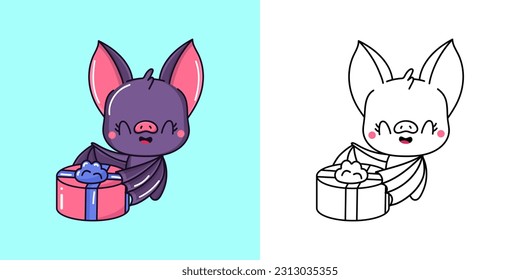 Set Bat Coloring Page and Colored Illustration. Clip Art Kawaii Vampire. Vector Illustration of a Kawaii Animal for Coloring Pages, Prints for Clothes, Stickers, Baby Shower.
