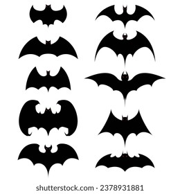 set of bat silhouette vector graphic isolated on white background. Spooky black horror bat graphic.