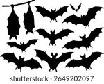 Set of bat silhouettes. Collection of flying and hanging bats for Halloween, gothic, and horror designs.