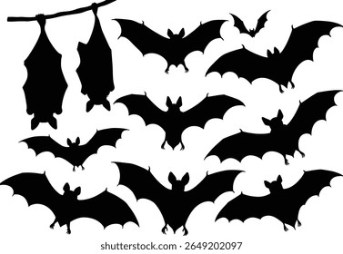 Set of bat silhouettes. Collection of flying and hanging bats for Halloween, gothic, and horror designs.