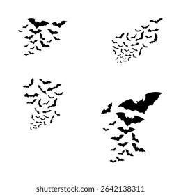Set of bat silhouettes in flying and hanging poses, perfect for Halloween, spooky themes, and wildlife designs.
