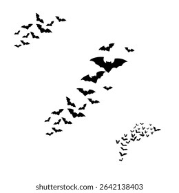 Set of bat silhouettes in flying and hanging poses, perfect for Halloween, spooky themes, and night wildlife designs.
