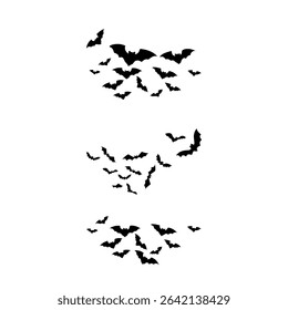 Set of bat silhouettes in flying and hanging poses, perfect for Halloween, spooky themes, and wildlife designs.
