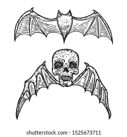 Fledermausvampir und Flügelschädel. Offene Flügel, die gotische Monster fliegen. Ink Line Gravur Skizze in Schwarz. Menschlicher Kopf mit Flügeln. Vektorillustration.