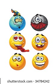 set of batch vector round smiles emotion magic, vampire, in love, livid spot, astonishment, happy