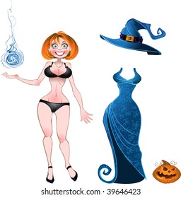 set of batch witch with evening dress and pumpkin