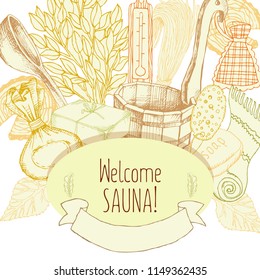 Set of Bath Accessories. Banner design template with drawings for bath and sauna. Bath accessories to decorate leaflets. Buckets, brooms, Soaps for relaxing in the sauna. Square poster. Vector. The