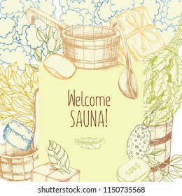 Set of Bath Accessories. Banner design template with drawings for bath and sauna. Bath accessories to decorate leaflets. Buckets, brooms, Soaps for relaxing in the sauna. Square poster. Vector. The