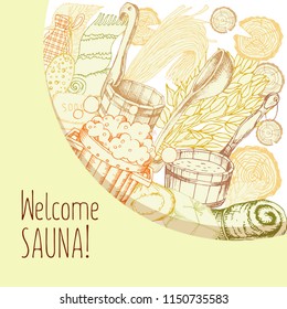 Set of Bath Accessories. Banner design template with drawings for bath and sauna. Bath accessories to decorate leaflets. Buckets, brooms, Soaps for relaxing in the sauna. Square poster. Vector. The