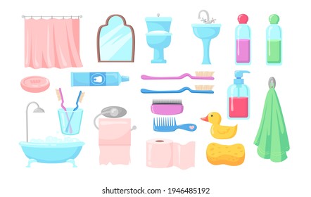 Set of bath accessories flat vector illustration. Collection of cartoon toilet utensils and bathroom details as mirror, hairbrushes, towels, soap isolated on white background. Hygiene, health concept