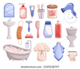 Zu den Bademänteln gehören Seifenspender, Zahnbürste, Toilettenpapier und Schüssel, Seile, Kissen, Tube und Handtuch. Lüfter, Shampoo, Ohrstöcke oder Waschlappen. Cartoon-Vektorgrafik