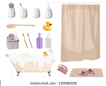 Set of Bath Accessories. Vector illustration. Isolated on a white background.