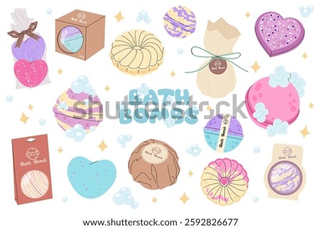 Set of bath bombs. Aroma cosmetic product  for body care. Сhildren hygiene procedure. Foam and bubbles illustration.