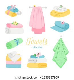 Set of bath colored towels. Roll and pile. Cotton towel for bathroom or beach illustration