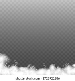 Set of bath foam with shampoo bubbles and soap, gel or shampoo bubbles overlay suds texture, soap foam isolated on transparent background, vector illustration, eps 10.