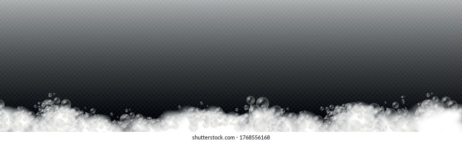 Set of bath foam with shampoo bubbles and soap, soap foam isolated on transparent background, gel or shampoo bubbles overlay suds texture, vector illustration, eps 10.