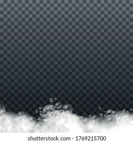 Set of bath foam with shampoo bubbles and soap, soap foam isolated on transparent background, gel or shampoo bubbles overlay suds texture, vector illustration, eps 10.