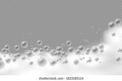 Set of bath foam with shampoo bubbles and soap, soap foam isolated on transparent background, gel or shampoo bubbles overlay suds texture, vector illustration, eps 10.