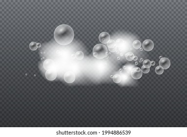 Set of bath foam with shampoo bubbles. Soap foam isolated on transparent background. Soap, gel or shampoo bubbles overlay suds texture. Vector illustration, EPS 10.