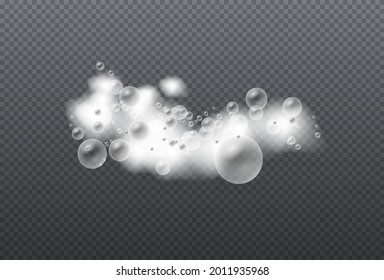 Set of bath foam with shampoo bubbles. Soap foam isolated on transparent background. Soap, gel or shampoo bubbles overlay suds texture. Vector illustration, EPS 10.