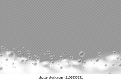 Set of bath foam with shampoo bubbles. Soap foam isolated on transparent background. Soap, gel or shampoo bubbles overlay suds texture. Vector illustration, EPS 10.