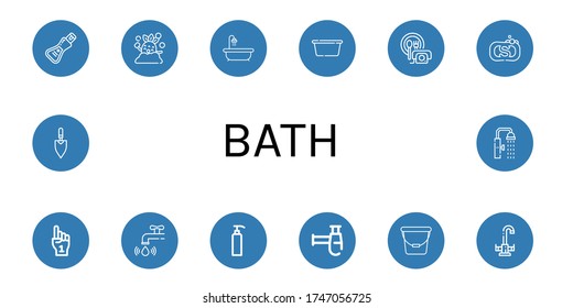 Set of bath icons. Such as Soap, Shower, Hot tub, Wash basin, Room service, Foam hand, Water tap, Gel, Siphon, Bucket, Faucet, Trowel , bath icons