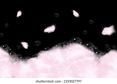 Set of bath  pink foam isolated on black background. Shampoo bubbles texture.Sparkling shampoo and bath lather, vector illustration.